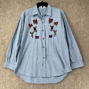 Casey Coleman Women LG Cabincore Button‎ Shirt Embroidered Western Saddles Denim